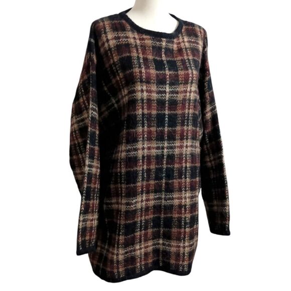 Vintage Mohair Blend Plaid Sweater XL Brown Oversized Boxy Academia Grandpa 80s - Picture 3 of 16